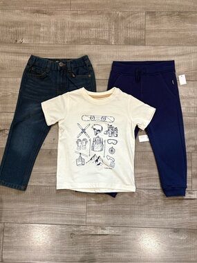 Eddie Bauer Kids Cream Graphic Tee with Navy Joggers and Dark Denim Pants